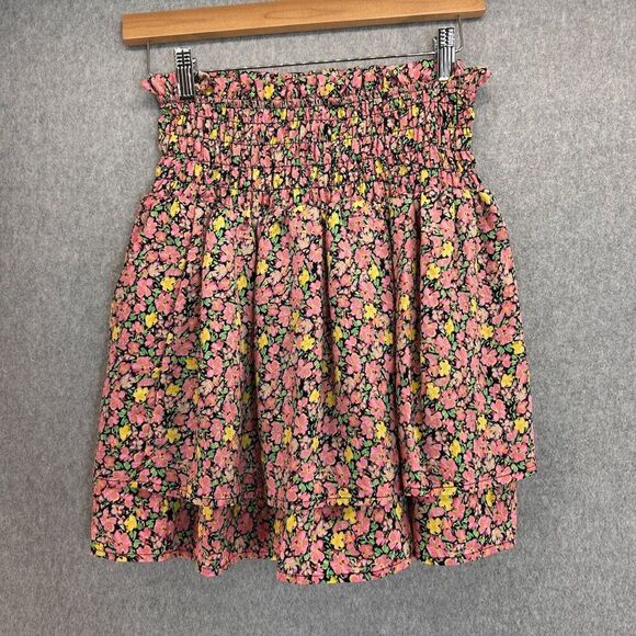 Vero Moda Size XS Floral Mini Vmelli Skirt Black Pink Yellow Tiered Elastic Prep - Picture 6 of 10